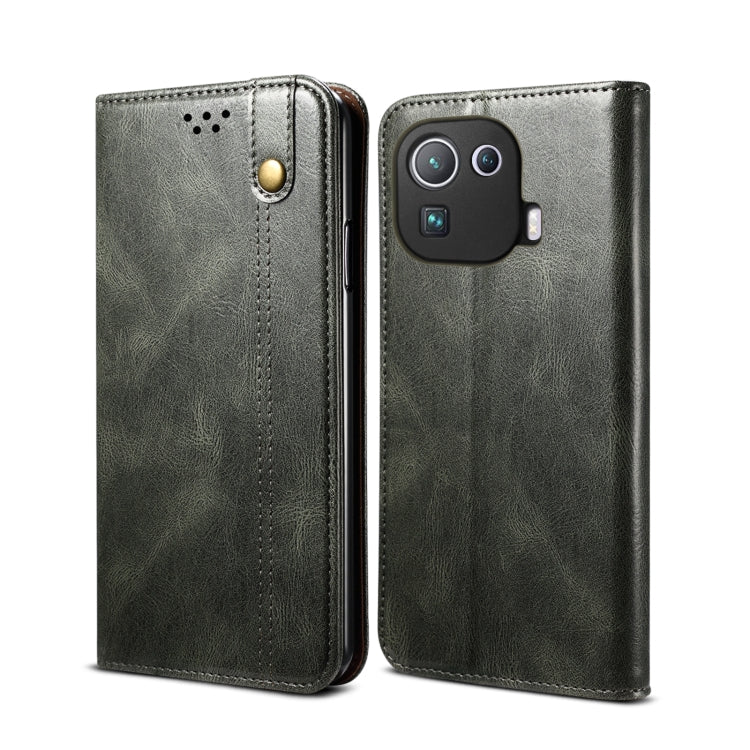 Dark green crazy horse leather wallet flip phone case with card slots