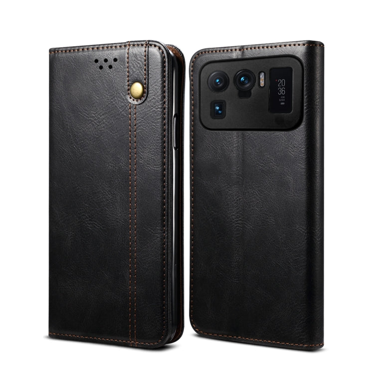Black crazy horse leather wallet flip phone case with card slots