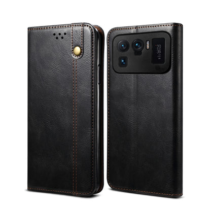 Black crazy horse leather wallet flip phone case with card slots