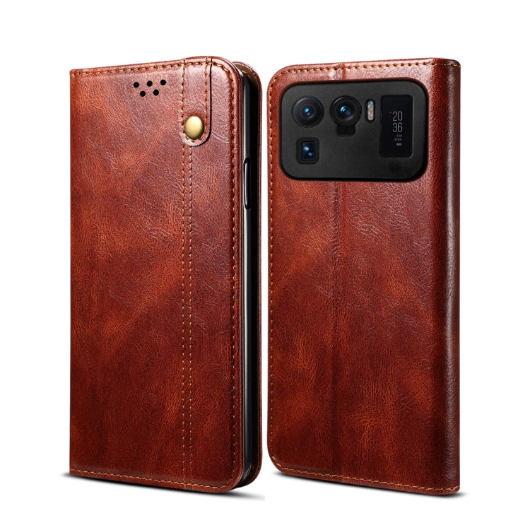 Brown crazy horse leather wallet flip phone case with card slots