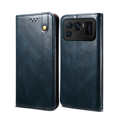 Navy blue crazy horse leather wallet flip phone case with card slots