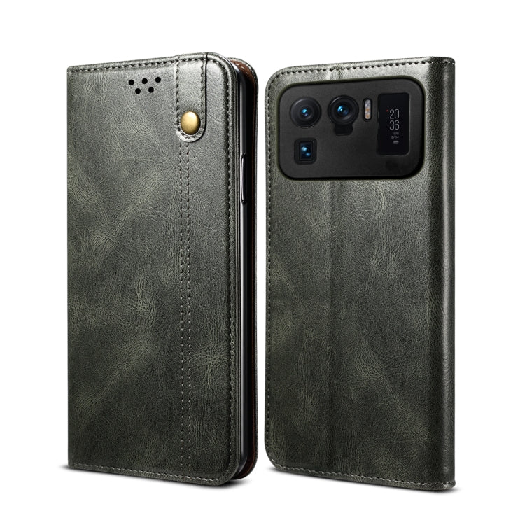 Dark green crazy horse leather wallet flip phone case with card slots