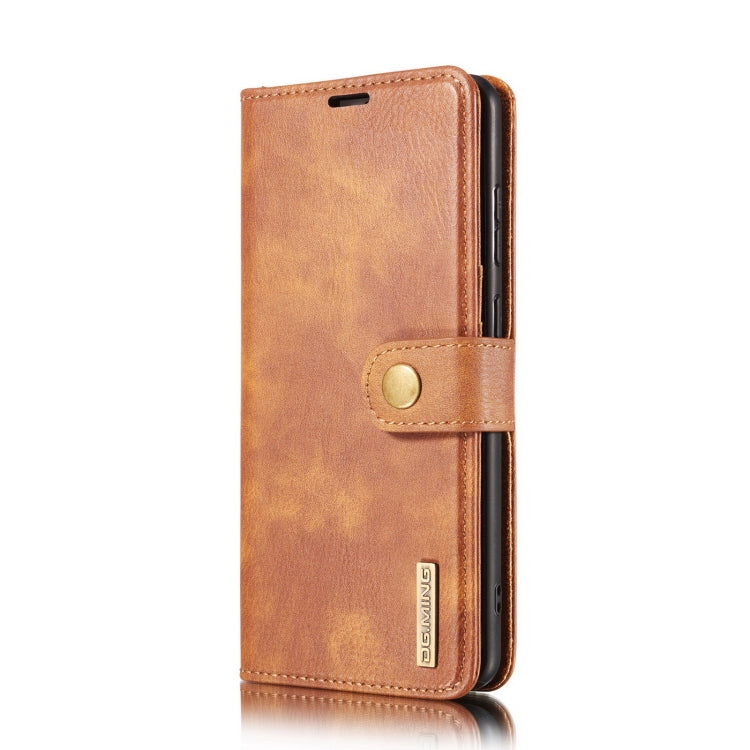 Tan brown leather flip phone case with magnetic tab and stitched strap