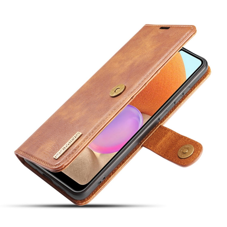 Brown leather flip phone case with card slots and detachable magnetic strap