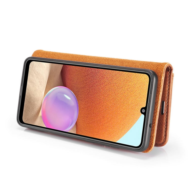 Brown flip leather phone case with magnetic closure, window cutout, and card holder