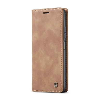 Brown horizontal flip leather phone case with stitched edges and card slot