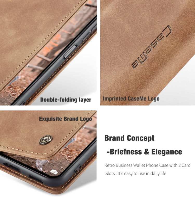 Brown leather flip phone case with double-fold design and embossed logo