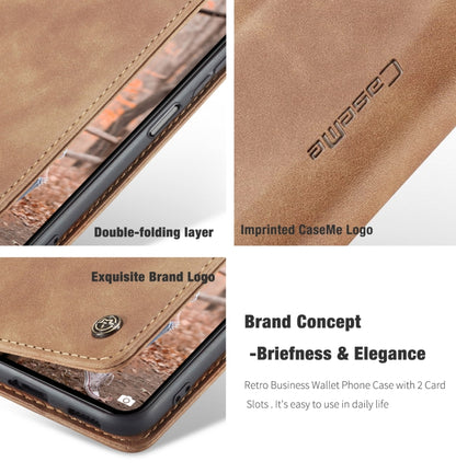 Brown leather flip phone case with double-fold design and embossed logo
