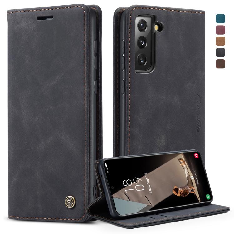 Leather phone wallet flip case with card slot, dark gray with red stitching, stand