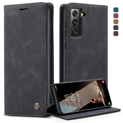 Leather phone wallet flip case with card slot, dark gray with red stitching, stand