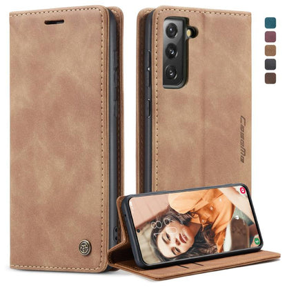 Leather phone wallet flip case with card slot, tan with tan stitching, stand