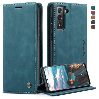 Leather phone wallet flip case with card slot, teal blue with blue stitching, stand