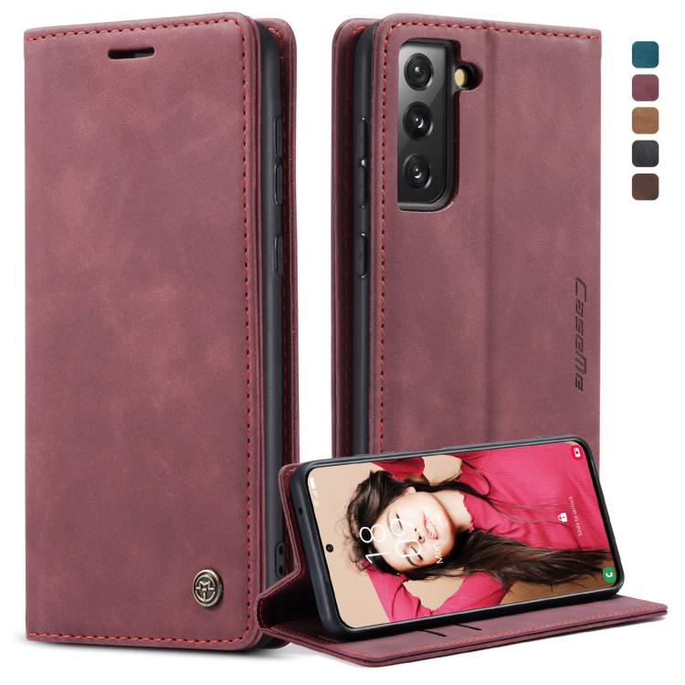 Leather phone wallet flip case with card slot, wine red with red stitching, stand