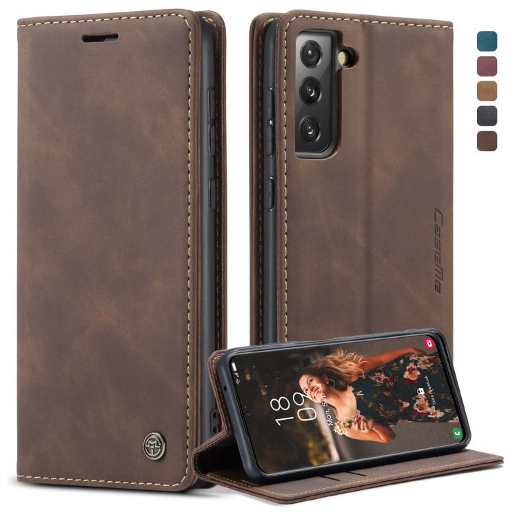 Leather phone wallet flip case with card slot, brown with beige stitching, stand