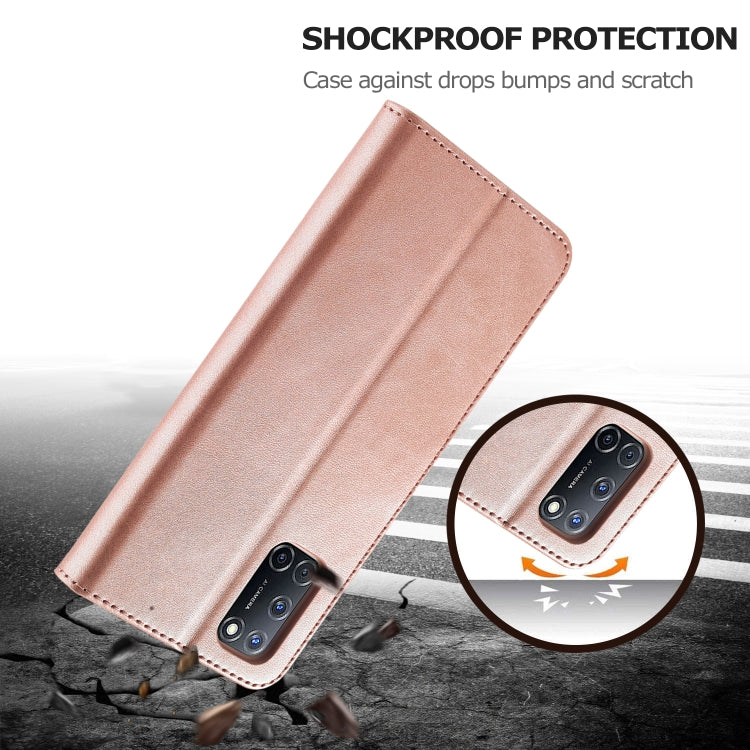 Rose gold leather folio phone case with flip cover, shown angled