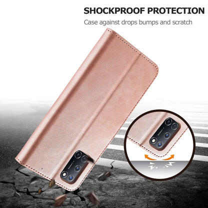 Rose gold leather folio phone case with flip cover, shown angled