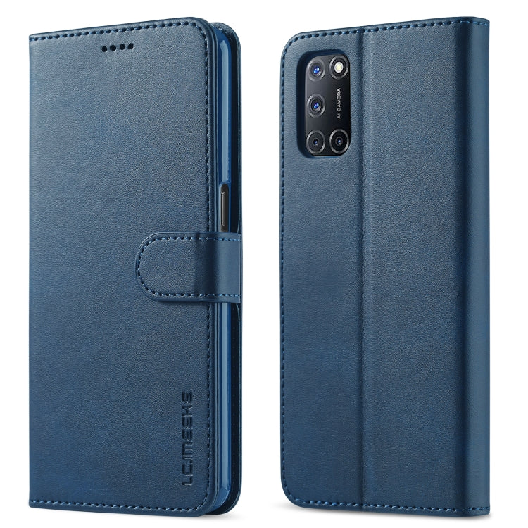 Blue flip leather phone case with card holder, front and back view