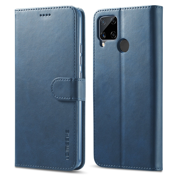 Blue leather flip phone case with front cover and back camera cutouts