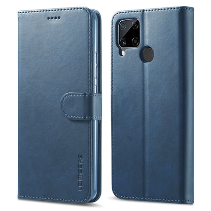 Blue leather flip phone case with front cover and back camera cutouts