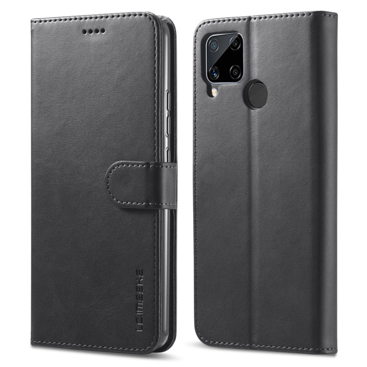 Black textured flip leather phone case with camera cutout and front pocket