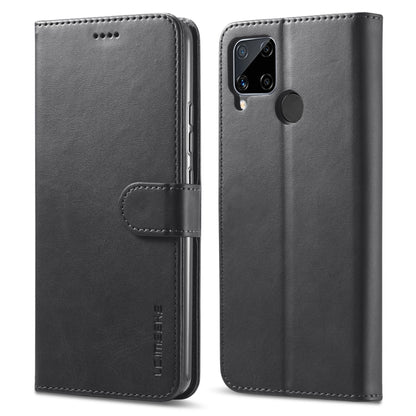 Black textured flip leather phone case with camera cutout and front pocket