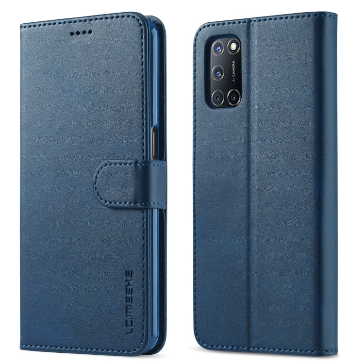 Blue leather-look flip phone case with magnetic strap and camera cutout