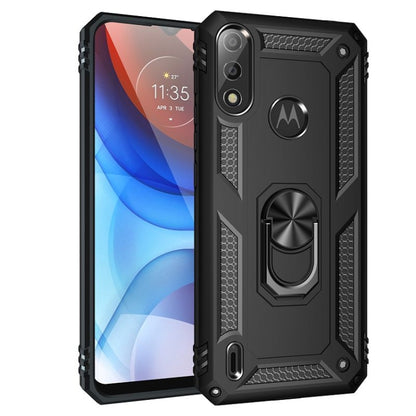 Shockproof phone case with rotating kickstand ring, black rugged TPU PC shell.
