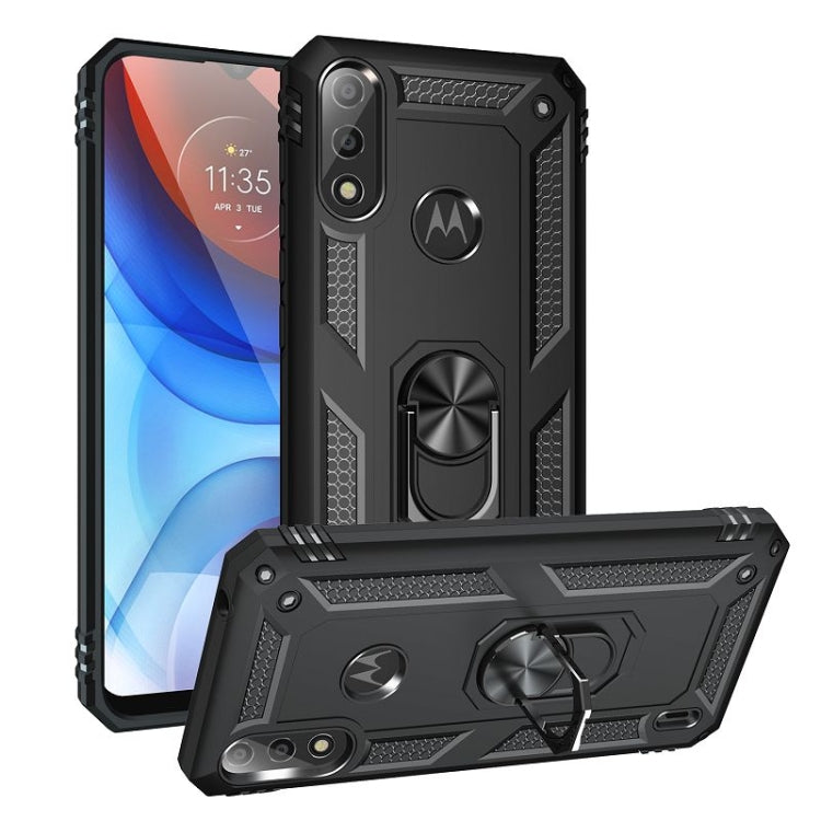 Rugged shockproof phone case with rotating kickstand ring, black textured TPU PC shell.