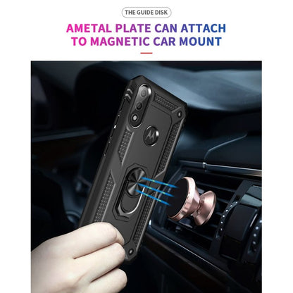 Shockproof phone case with metal plate for magnetic car mount, black rugged shell.