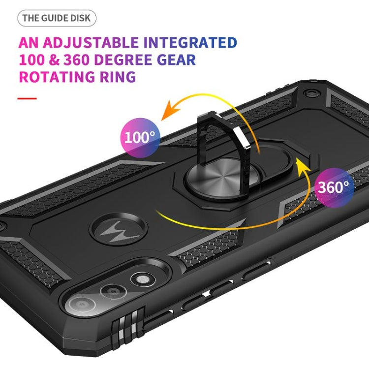 Shockproof phone case with 360° rotating ring kickstand, adjustable angles, black.