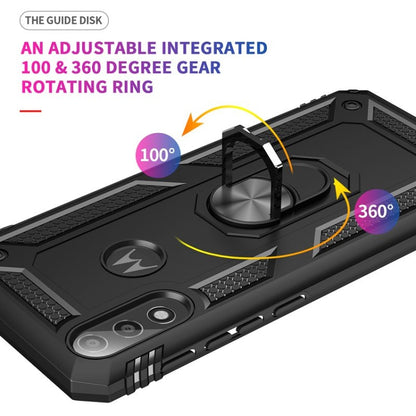 Shockproof phone case with 360° rotating ring kickstand, adjustable angles, black.