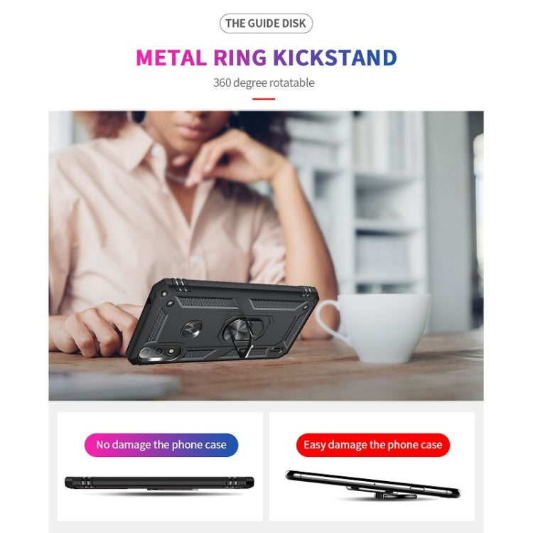 Shockproof phone case with rotating metal ring kickstand, black rugged design.