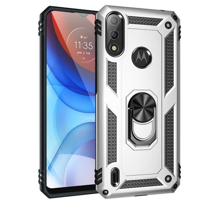 Shockproof phone case with rotating kickstand ring, silver rugged TPU PC shell.