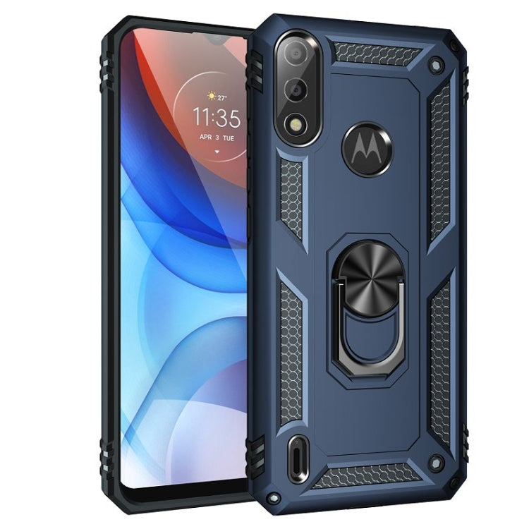 Shockproof phone case with rotating kickstand ring, blue rugged TPU PC shell.