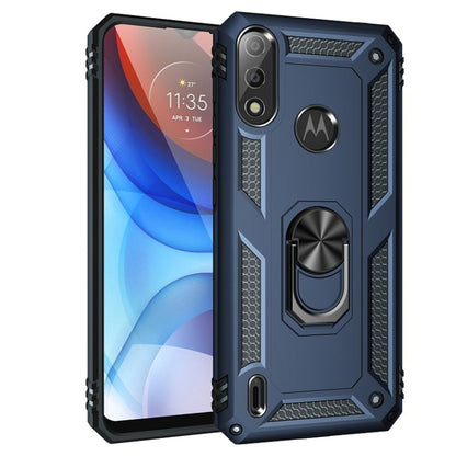 Shockproof phone case with rotating kickstand ring, blue rugged TPU PC shell.