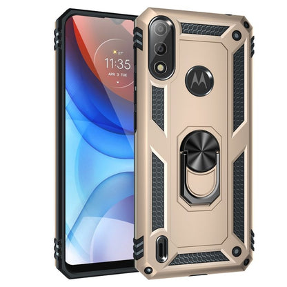Shockproof phone case with rotating kickstand ring, gold rugged TPU PC shell.