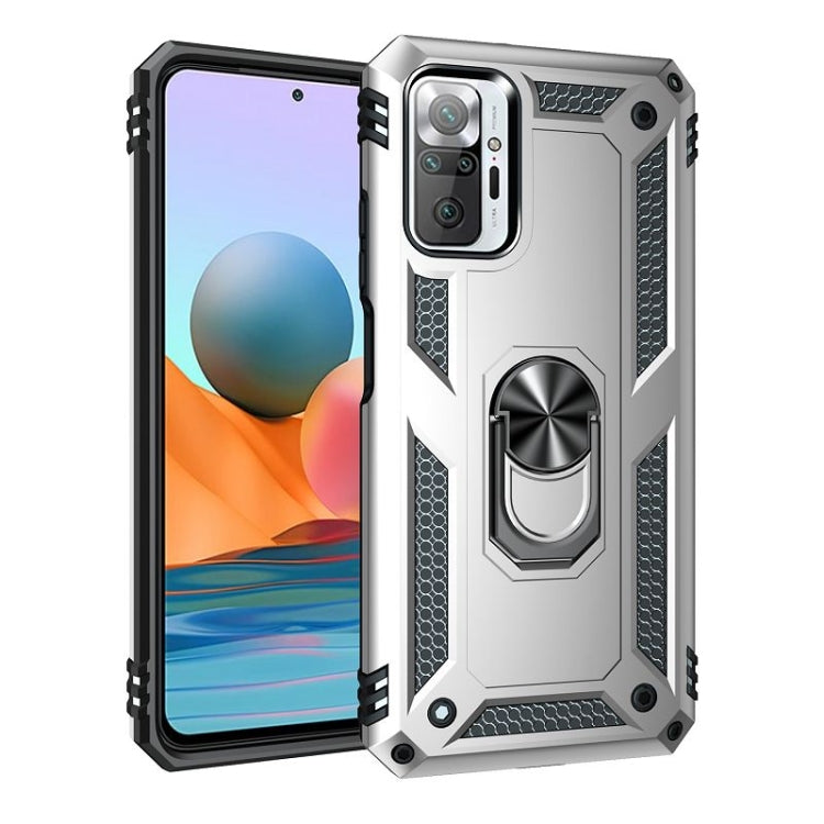Silver rugged shockproof phone case with TPU-PC armor and 360 rotating ring holder