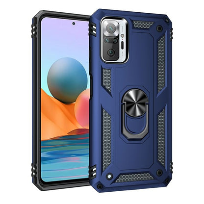 Blue rugged shockproof phone case with TPU-PC armor and 360 rotating ring holder