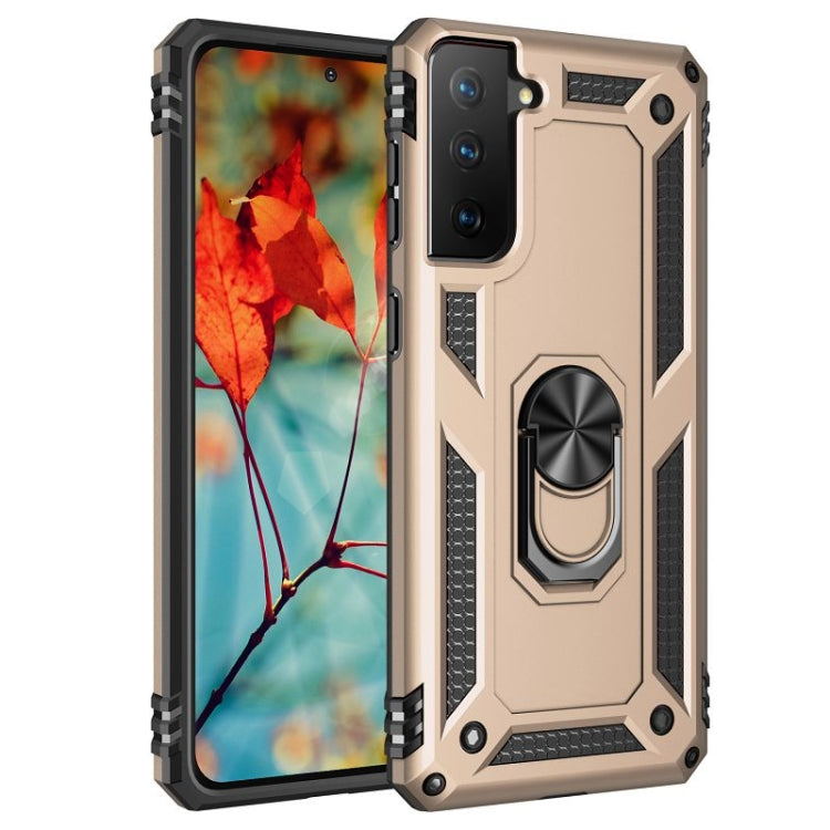 Beige rugged shockproof phone case with TPU-PC armor and 360 rotating ring holder