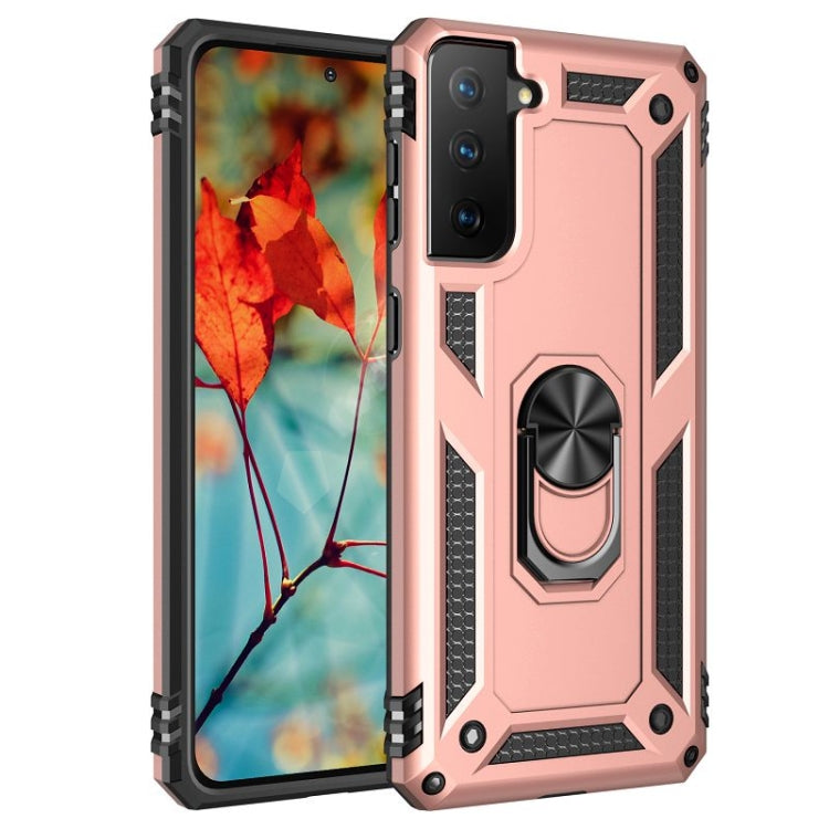 Rugged shockproof phone case with 360 rotating holder, rose gold and black
