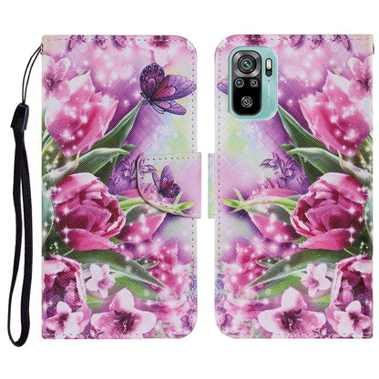 Floral PU leather flip phone case with butterfly and rose print, lanyard strap
