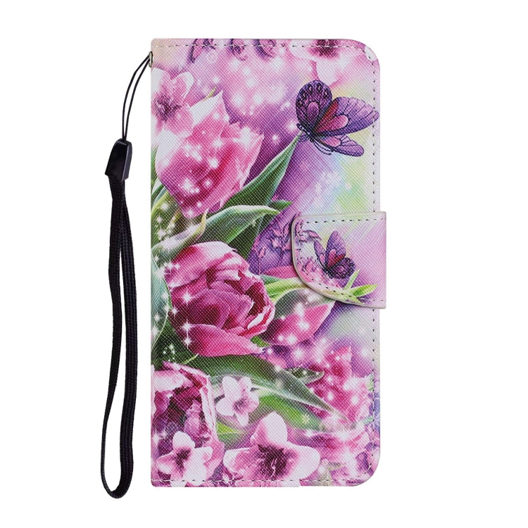 Floral PU leather flip phone case with butterfly and rose print, hanging lanyard strap