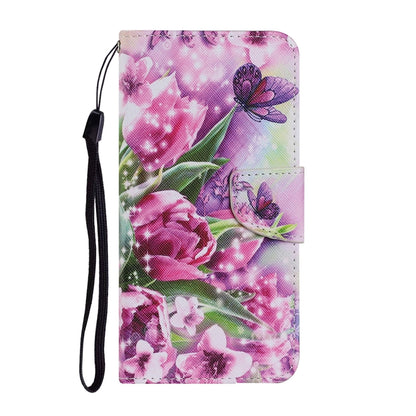 Floral PU leather flip phone case with butterfly and rose print, hanging lanyard strap