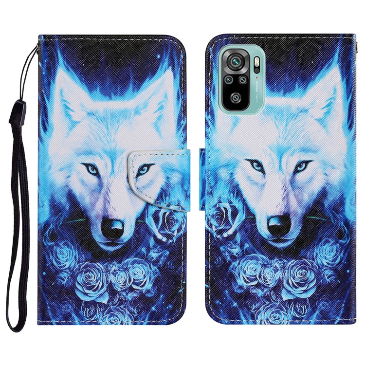 Blue wolf PU leather flip phone case with wolf print, lanyard strap