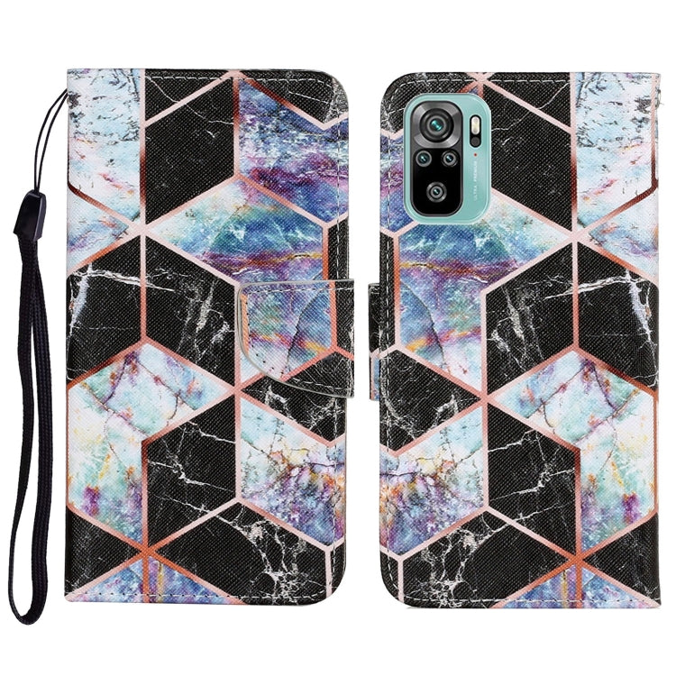 PU leather flip phone case with geometric cubes pattern, multicolor, lanyard strap