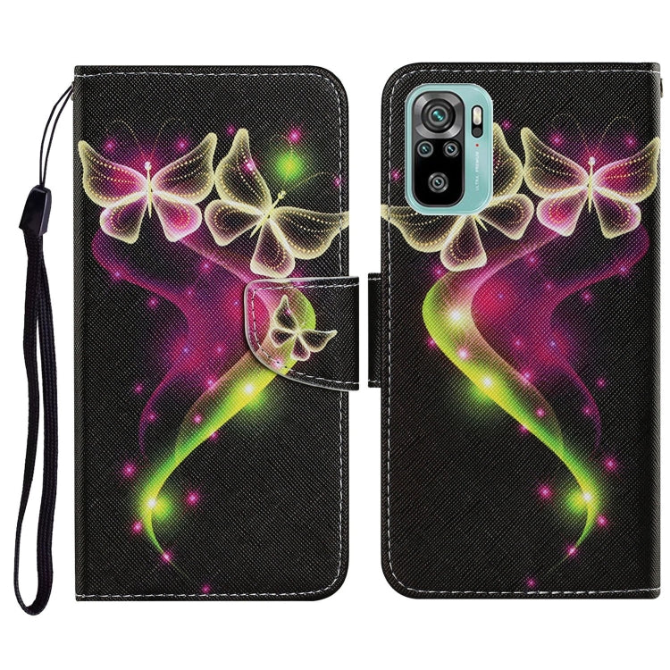 Flip PU leather phone case with lanyard, neon butterflies on dark background, card slots