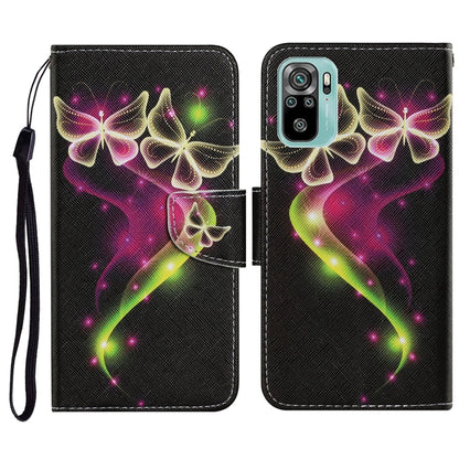 Flip PU leather phone case with lanyard, neon butterflies on dark background, card slots
