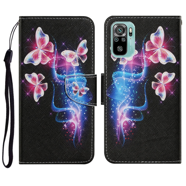 Flip PU leather phone case with lanyard, glowing blue and pink butterfly artwork, card slots
