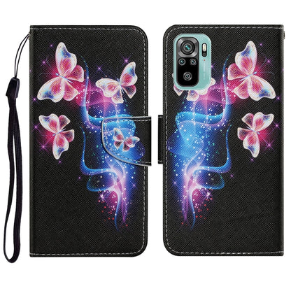 Flip PU leather phone case with lanyard, glowing blue and pink butterfly artwork, card slots