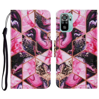Flip PU leather phone case with lanyard, pink abstract mosaic print, card slots